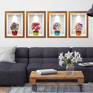 Set of four 3D floral frame wall stickers with realistic lighting for living room decor