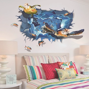 Détail de l'autocollant mural 3D océan avec tortues, coraux et poissons tropicaux