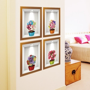 Set of 4 creative 3D floral frame wall stickers with realistic niche lighting for home decor