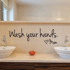Wash Your Hands Mom vinyl wall decal for bathroom decoration with cursive handwriting style