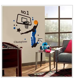 Removable basketball wall sticker with player silhouette stars and champions text for room