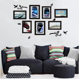 Creative family photo frame tree wall decals with birds and green leaves for living room