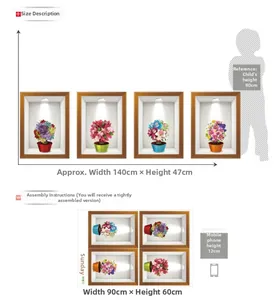 3D floral wall decals set with white frame effect and layout dimensions illustration