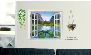 3D creative wall sticker set featuring Guilin mountain view through a faux window