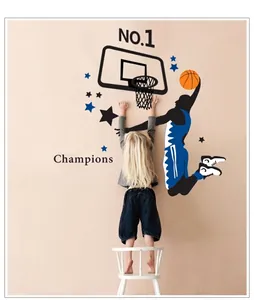 Basketball slam dunk wall sticker featuring player silhouette and stars for kids room decor