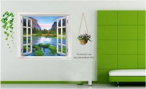 3D fake window wall decal with Guilin landscape view and green floral stickers