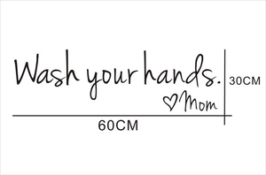 Black 'Wash your hands' wall decal with heart mom signature, size 60cm by 30cm