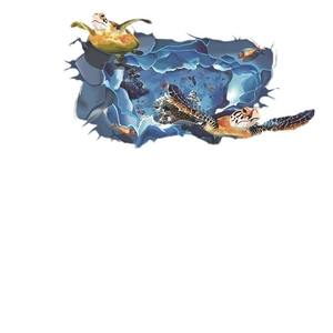 Sticker mural 3D océan avec tortues de mer réalistes et scène de récif corallien