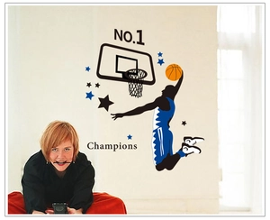 Removable basketball player wall sticker with slam dunk silhouette and stars for room decor