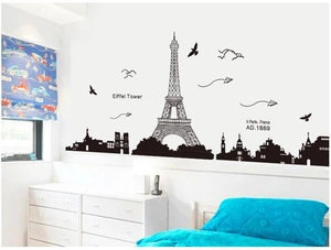 Eiffel Tower wall decal with city silhouette and birds for living room decor