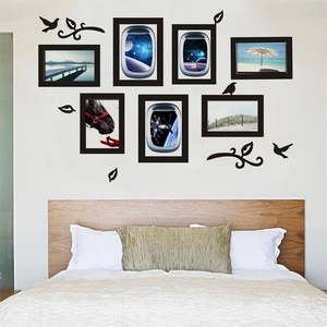 Modern photo frame wall decal set with birds and tree vines for bedroom decor