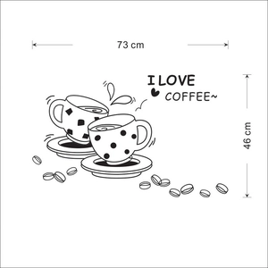I Love Coffee wall sticker with cups and beans design measuring 73cm by 46cm