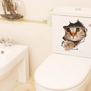 Creative 3D tabby cat wall sticker with broken wall effect for bathroom toilet decoration