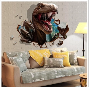 3D dinosaurus muursticker met T-Rex die door de muur breekt voor woonkamer decoratie
