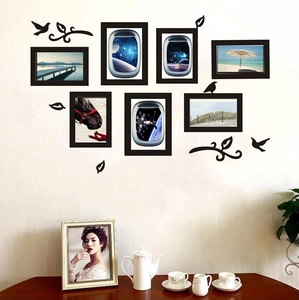Black photo frame set with bird wall decals and art prints for living room wall decor