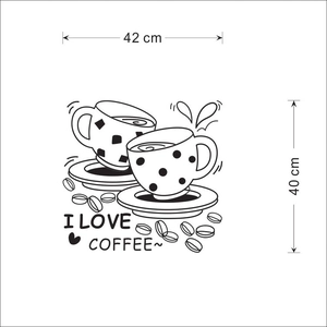 Minimalist I Love Coffee wall sticker with coffee cups and beans design, 42x40cm size