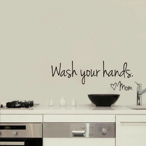 Wash your hands vinyl wall sticker with Mom quote and heart for bathroom decor