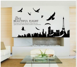 Paris skyline silhouette wall sticker with Eiffel Tower, birds and feathers for living room