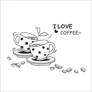 Close-up of I Love Coffee wall sticker featuring polka dot mugs and flying coffee beans