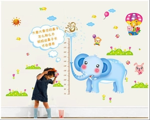 Cartoon elephant growth chart wall sticker for kids room with colorful animal decorations