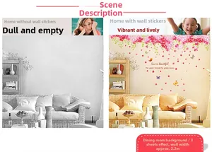 Detail of pink floral wall stickers with butterflies and inspirational text for living room