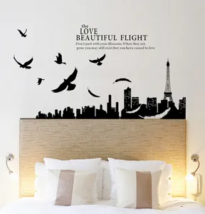 Paris city silhouette wall decal with Eiffel Tower and birds for bedroom decor