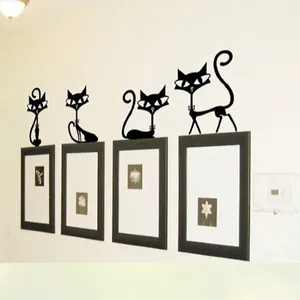 Stickers muraux chat noir en PVC créatif avec quatre poses pour décoration de maison