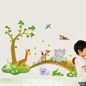 Cartoon animal wall stickers with giraffe and elephant for kids room wall decor