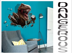 Gedetailleerde 3D-dinosaurus muursticker met realistische T-Rex op een blauwe muur