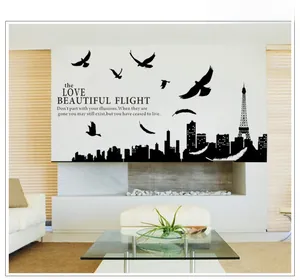 Detail view of Paris city skyline wall decal with Eiffel Tower and bird silhouette