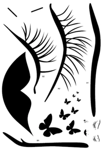 Detail view of DIY wall sticker set with long eyelashes, lips, and black butterflies