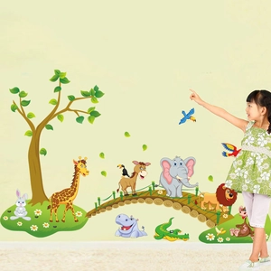 Cartoon animal wall stickers with giraffe and elephant for kids bedroom decoration