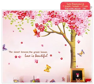 Pink cherry blossom tree wall sticker with butterflies for living room home decor
