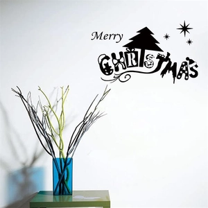 Artistic black Merry Christmas wall sticker with a stylized tree and stars on white wall