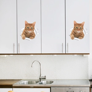 3D creative orange cat wall stickers applied to white kitchen cabinets set of two