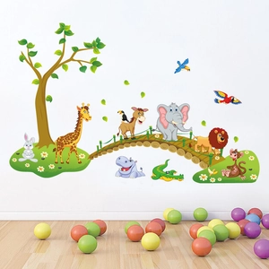Vibrant cartoon animal wall stickers featuring giraffe and elephant in a child's bedroom