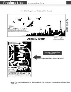 Detail showing 60x90cm layout vs 180x70cm finished size of Paris skyline wall decal