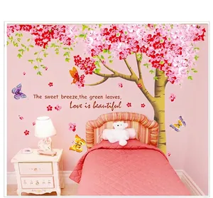 Pink cherry blossom tree wall decals with butterflies for living room and bedroom