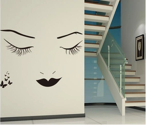 Minimalist long eyelashes beauty wall sticker with butterflies for home decoration