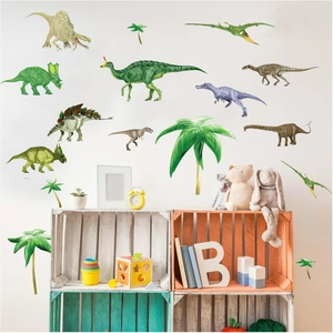 Adesivi murali con dinosauri colorati dipinti a mano per cameretta con decoro di palme