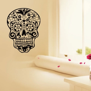 Religious skull wall decal with floral patterns and cross for living room home decor