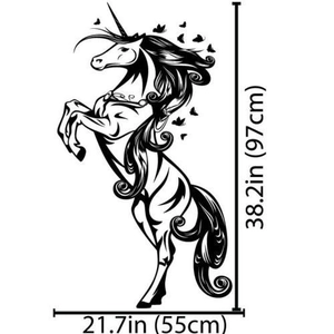 Unicorn and butterfly wall sticker dimensions shown as 38.2 inches by 21.7 inches