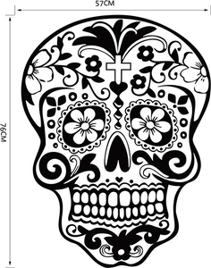 Mexican sugar skull wall sticker with floral patterns and cross, 57x76cm black vinyl decal