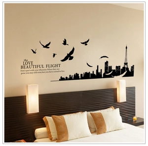 Paris city skyline wall sticker with Eiffel Tower and birds for bedroom decor