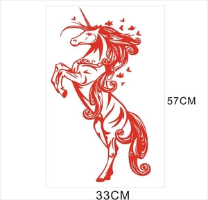 Macro view of red horse unicorn wall sticker with butterflies measuring 57CM x 33CM