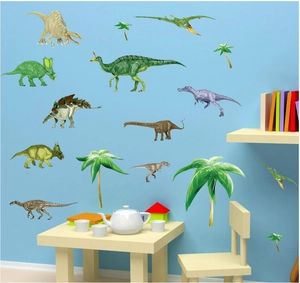 Adesivi murali dinosauri realistici con palme per camera dei bambini e asilo nido