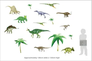 Adesivi murali dinosauri realistici con scala di altezza e dettagli di layout 130x130cm