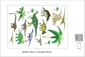 Tabella dimensioni per adesivi murali dinosauri con T-Rex e foglie di palma tropicali