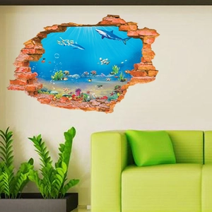 3D ocean world wall sticker with shark and coral reef through a broken brick wall