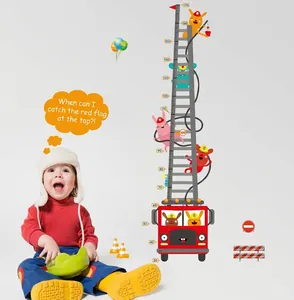Cartoon Fire Truck Height Measurement Wall Sticker For Kids Room Removable PVC Height Chart Fireman Animal Design Nursery Decor